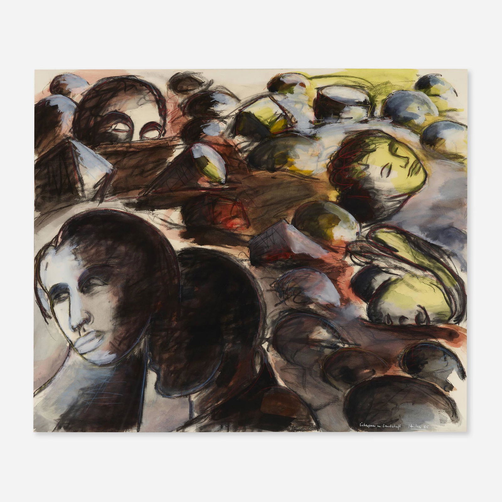 Dieter Hacker, Liebespaar in Landschaft: Dieter Hacker Liebespaar in Landschaft 1985charcoal, pastel, gouache on paper 39.25 h x 46.75 w in (100 x 119 cm) Signed, titled and dated to lower right 'Liebespaar in Landschaft Hacker 85'.<