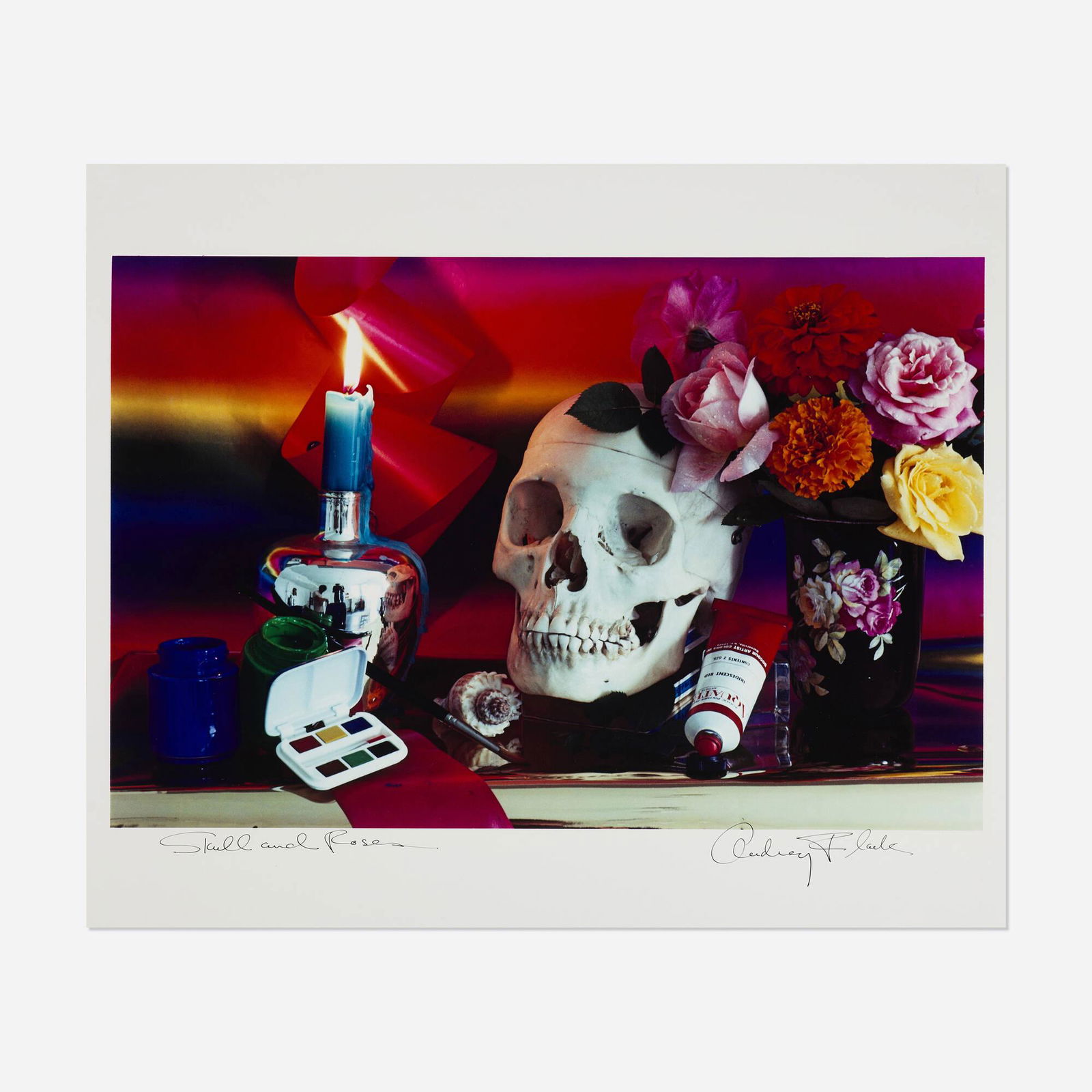 Audrey Flack, Skull and Roses: Audrey Flack Skull and Roses (from the 12 Photographs - 1973 to 1983 portfolio) 1983 / 1984Dye Transfer print image: 14.625 h x 22.5 w in (37 x 57 cm) sheet: 19.75 h x 23.75 w in (50 x 60 cm) <
