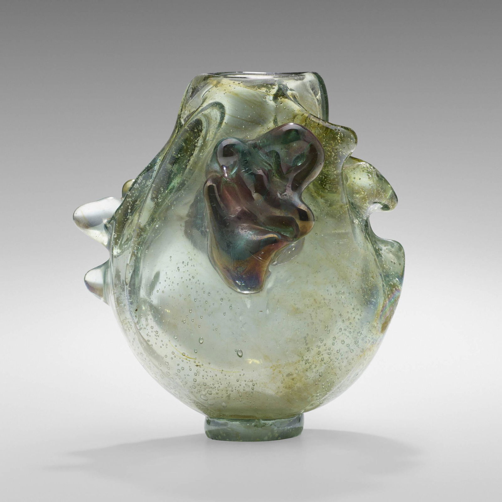 Marvin Lipofsky, Sculptural vase: Marvin Lipofsky Sculptural vase USA, 1967iridized glass 6.25 h x 5.5 w x 4.5 d in (16 x 14 x 11 cm) Incised signature, date and inscribe to lower edge 'For Ted Cheers Lipofsky 1967'.