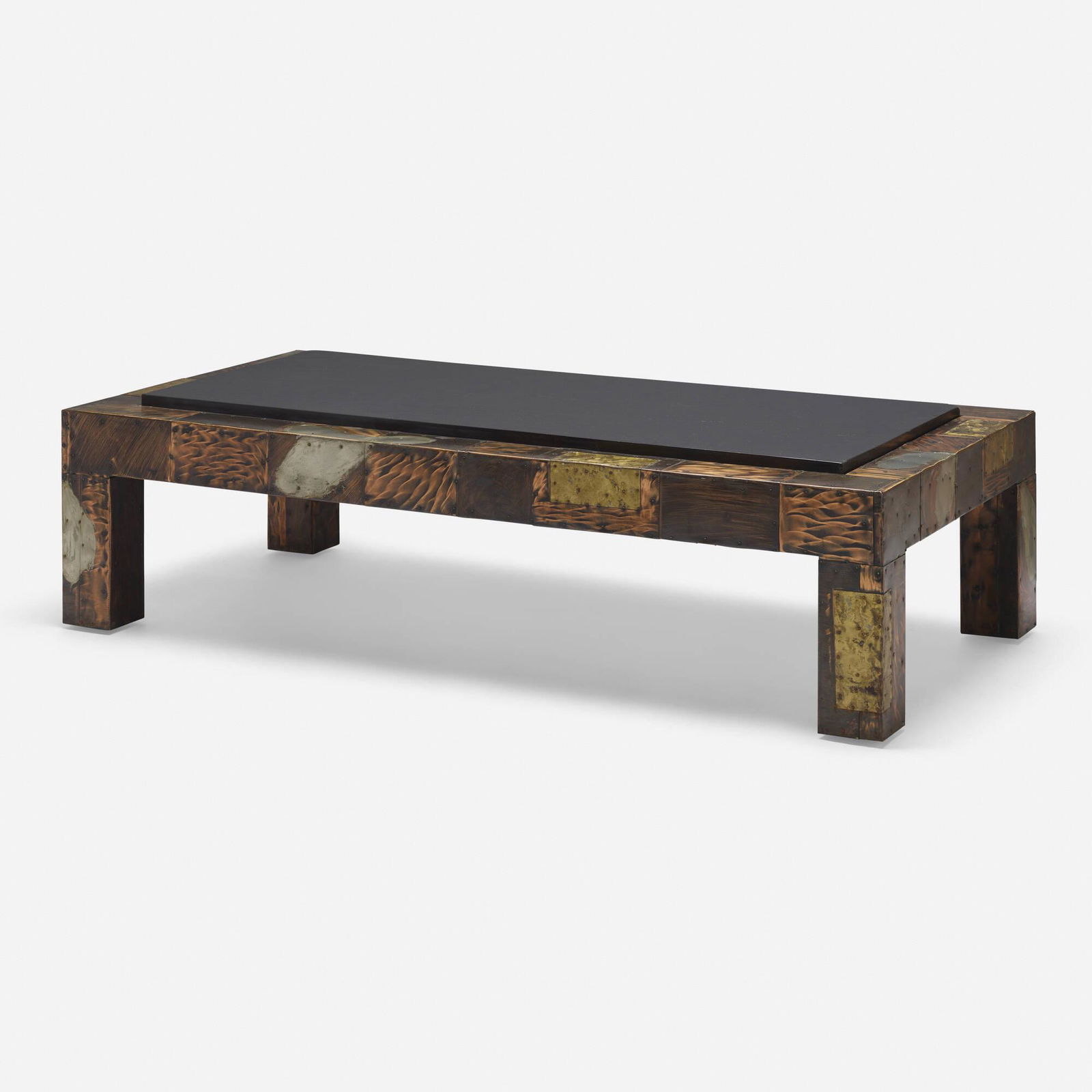 Paul Evans, Coffee table, model PE 45: Paul Evans Coffee table, model PE 45 Paul Evans Studio for DirectionalUSA, c. 1965patinated copper, bronze, pewter, slate 16.25 h x 60 w x 30 d in (41 x 152 x 76 cm) Literature:<