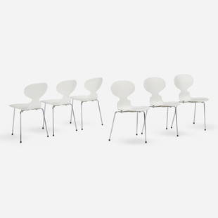 Arne Jacobsen, Ant dining chairs, set of six: Arne Jacobsen Ant dining chairs, set of six Fritz HansenDenmark, 1952 / 2007lacquered plywood, chrome-plated steel 30.5 h x 02.5 w x 19 d in (77 x 6 x 48 cm) Molded manufacturer's mark t