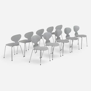 Arne Jacobsen, Ant dining chairs, set of ten: Arne Jacobsen Ant dining chairs, set of ten Fritz HansenDenmark, 1955 / 1999lacquered plywood, chrome-plated steel 30.75 h x 19.75 w x 18.5 d in (78 x 50 x 47 cm) Molded manufacturer's m