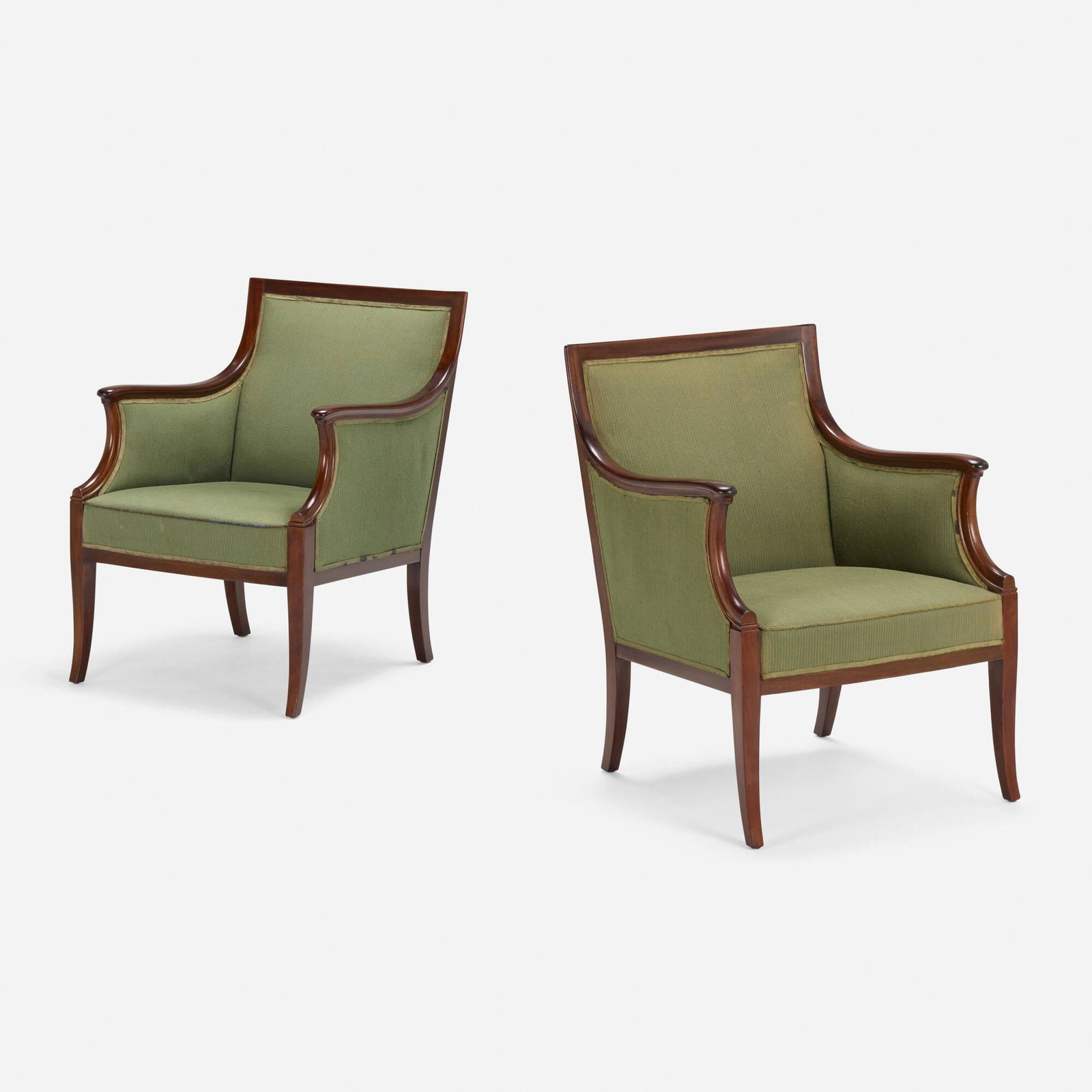 Frits Henningsen, Armchairs, pair: Frits Henningsen Armchairs, pair Denmark, c. 1940 mahogany, upholstery 32.5 h x 23 w x 25 d in (83 x 58 x 63 cm) This work will ship from Los Angeles, California.