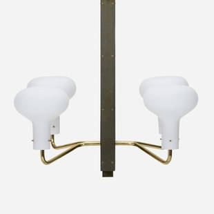 Ignazio Gardella, Rare chandelier: Ignazio Gardella Rare chandelier AzucenaItaly, c. 1958brass, enameled brass, frosted glass 44.5 h x 32 dia in (113 x 81 cm) This rare chandelier features four arms and a telescoping stem