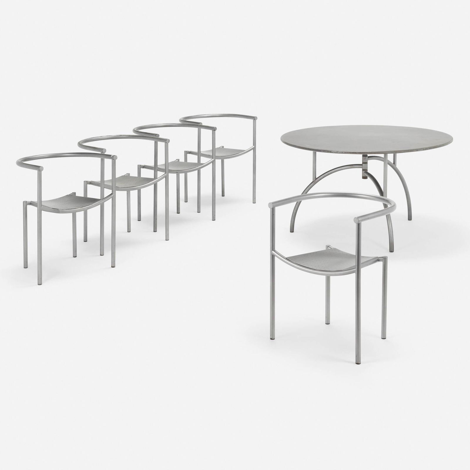 Philippe Starck, Dining set: Philippe Starck Dining set France, 1985powder-coated steel table: 28 h x 47 dia in (71 x 119 cm) chair: 28 h x 22.5 w x 22 d in (71 x 57 x 56 cm) Set is comprised of one Tippy Jackson