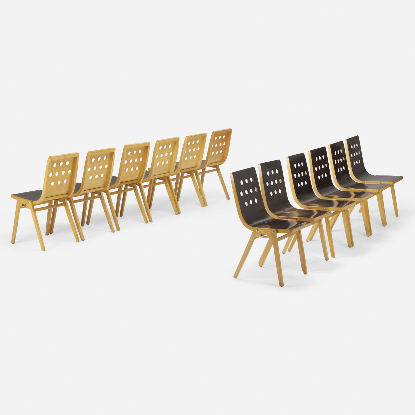 Roland Rainer, 3-4-3 chairs, set of twelve: Roland Rainer 3-4-3 chairs, set of twelve A. & E. PollakAustria, c. 1953beech, sycamore, stained wood, steel 32 h x 17.75 w x 21 d in (81 x 45 x 53 cm) Literature: Ne