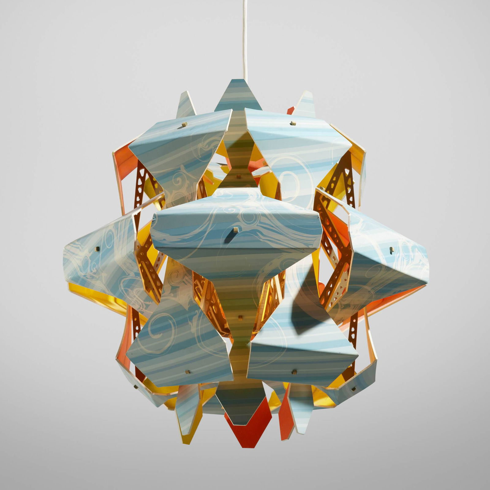 Jorge Pardo, Pendant lamp: Jorge Pardo Pendant lamp Cuba/USA, 2002laser-cut and laminated plywood, inkjet vinyl over PVC 20 h x 22 dia in (51 x 56 cm) This work is an artist's proof aside from the edition of three. <