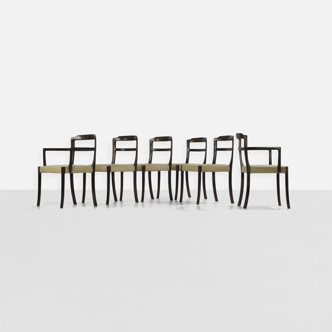 Ole Wanscher dining chairs, set of six: Ole Wanscher dining chairs, set of six A.J. Iversen Snedkermester Denmark, c. 1965 lacquered mahogany, upholstery 22.5 w x 21 d x 31.25 h inches