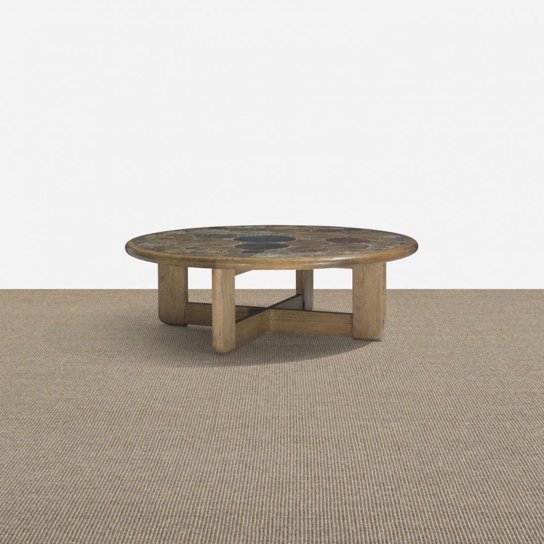 Tue Poulsen coffee table: Tue Poulsen coffee table Haslev Møbelsnedkeri A/S Denmark, 1963 oak, glazed earthenware 45.5 dia x 14.5 h inches