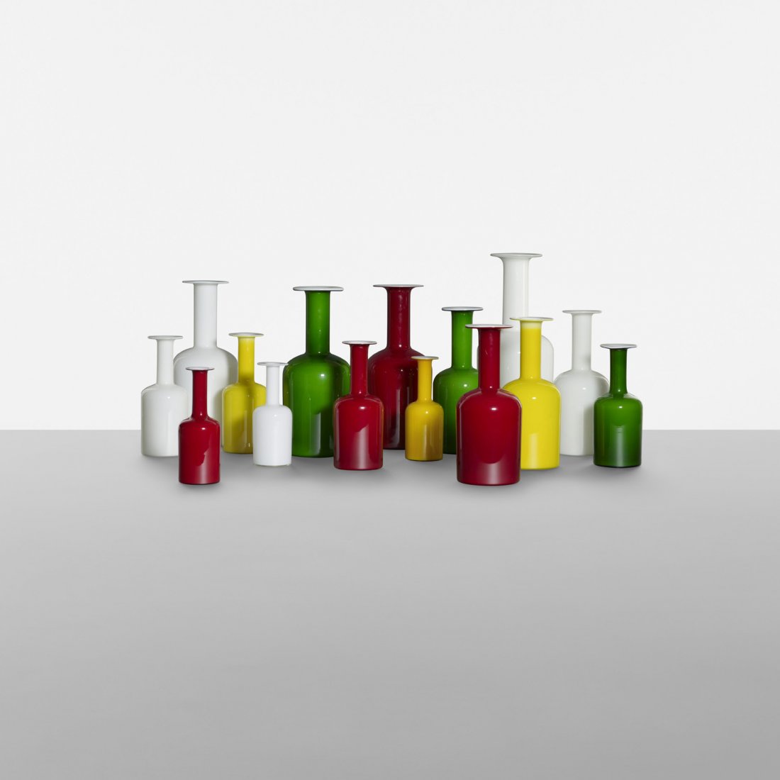 Otto Brauer Gulvvase, set of fifteen: Otto Brauer Gulvvase, set of fifteen Kastrup-Holmegaard Denmark, 1962 glass 8 dia x 20 h inches Signed with decal manufacturer's label to edge of five examples: [Kastrup Holmegaard Made in Denmark].