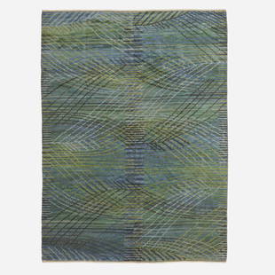 Barbro Nilsson, Medium pile carpet: Barbro Nilsson Medium pile carpet Marta Maas-Fjetterstrom ABSweden, c. 1950hand-knotted wool 7'5" x 10'2" in (226 x 310 cm) Woven signature and manufacturer's mark to edge 'AB MMF BN'. <