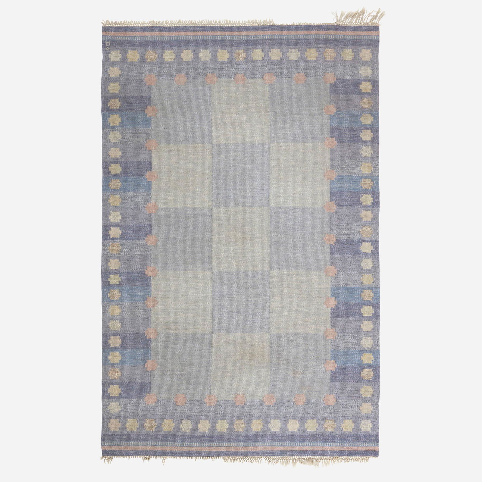 Agda Osterberg, Flatweave carpet: Agda Osterberg Flatweave carpet Sweden, c. 1950hand-woven wool 6'4" x 9'9" in (193 x 297 cm) Woven initial to corner 'A'. This work will ship from Lambertville, New Jersey.