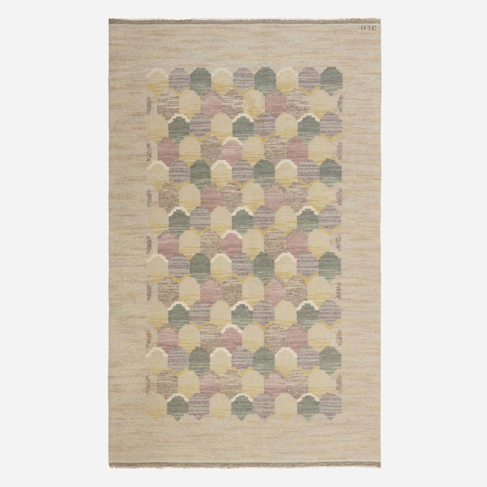 Jonkopings Lans Hemslojd, Flatweave carpet: Jonkopings Lans Hemslojd Flatweave carpet Sweden, c. 1950hand-woven wool 5'6" x 9' in (168 x 274 cm) Woven initials to corner 'JLH'. This work will ship from Lambertville,