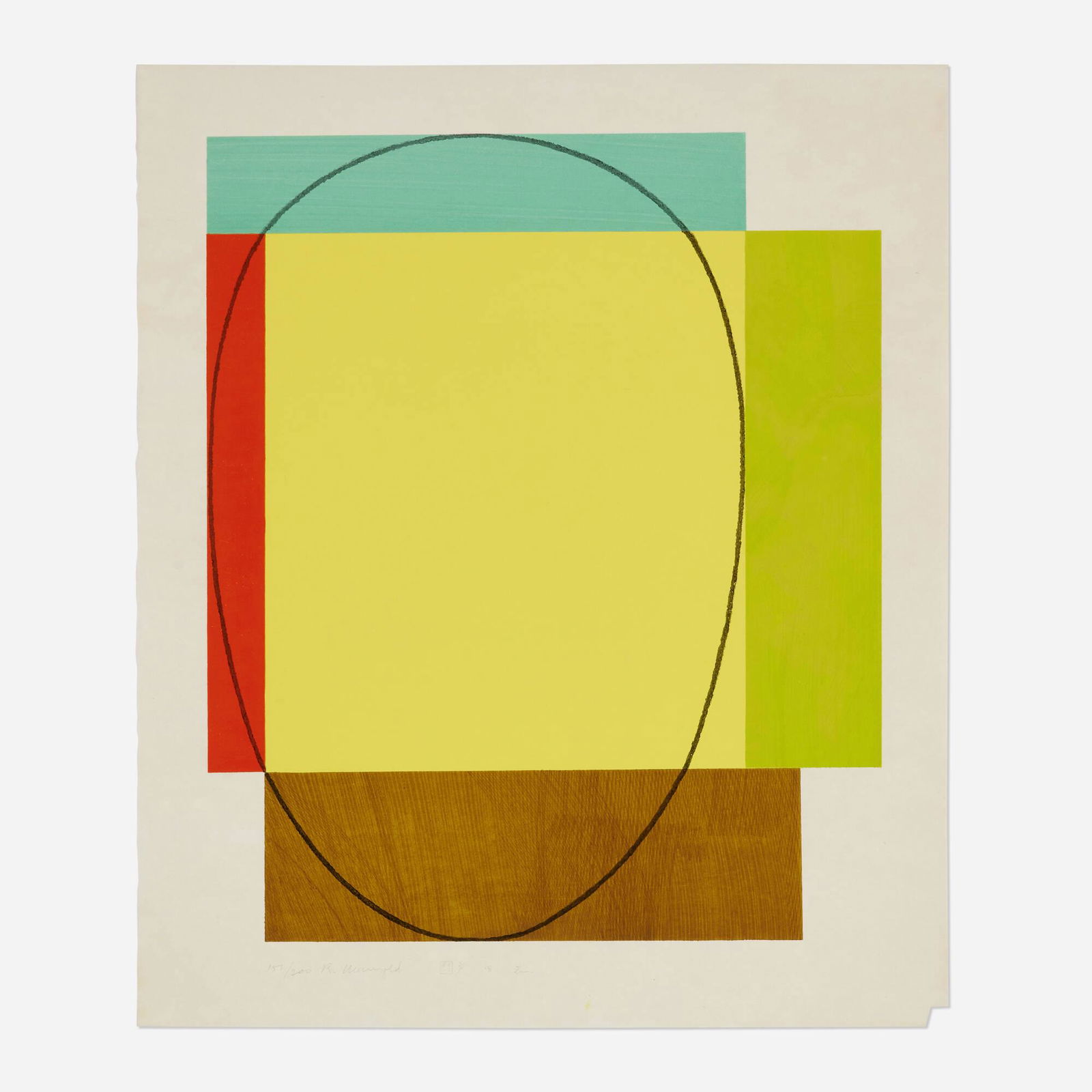 Robert Mangold, Five Color Frame: Robert Mangold Five Color Frame 1985woodcut in colors on Echizen Kozo 25 h x 21 w in (63 x 53 cm) Signed and numbered to lower edge '151/200 R. Mangold'. This work is number 151 from the editi