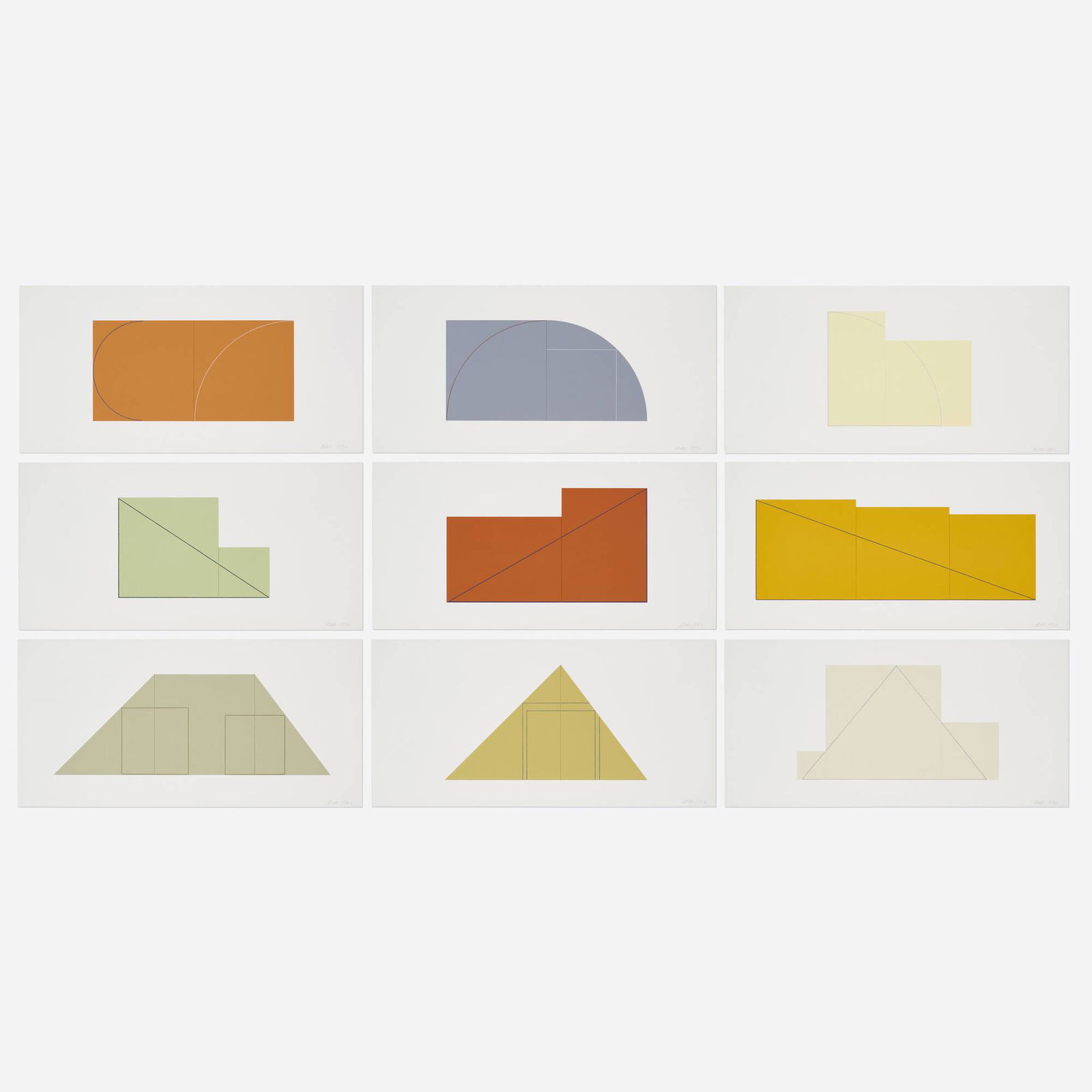 Robert Mangold, A Book of Silk Screen Prints: Robert Mangold A Book of Silk Screen Prints— Multiple Panel Paintings 1992screenprint in colors on Fabriano Cotton largest: 7 h x 19.375 w in (18 x 49 cm) smallest: 7 h x 10.5 w in (18 x 27 cm)