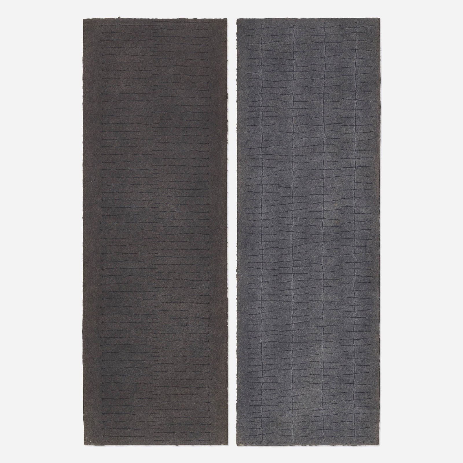 Edda Renouf, Two works: Edda Renouf Day-Night #8 Night-1; Day-Night #5 Afternoon-2 (two works) 1978chalk on paper 22 h x 7.5 w in (56 x 19 cm) Signed, titled and dated to lower edge and verso of each work 'Day-Night