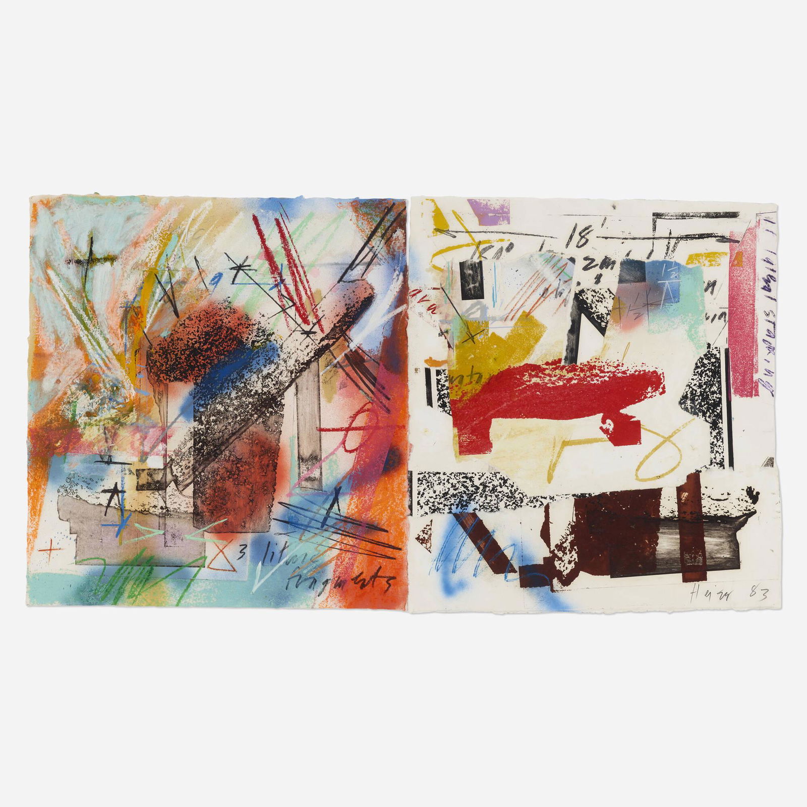 Michael Heizer, 45, 90, 180 (diptych): Michael Heizer 45, 90, 180 (diptych) 1983monotype with mixed media, intaglio, hand-coloring and hand-additions each: 26 h x 23.25 w in (66 x 59 cm) overall: 26 h x 46.75 w in (66 x 119 cm)