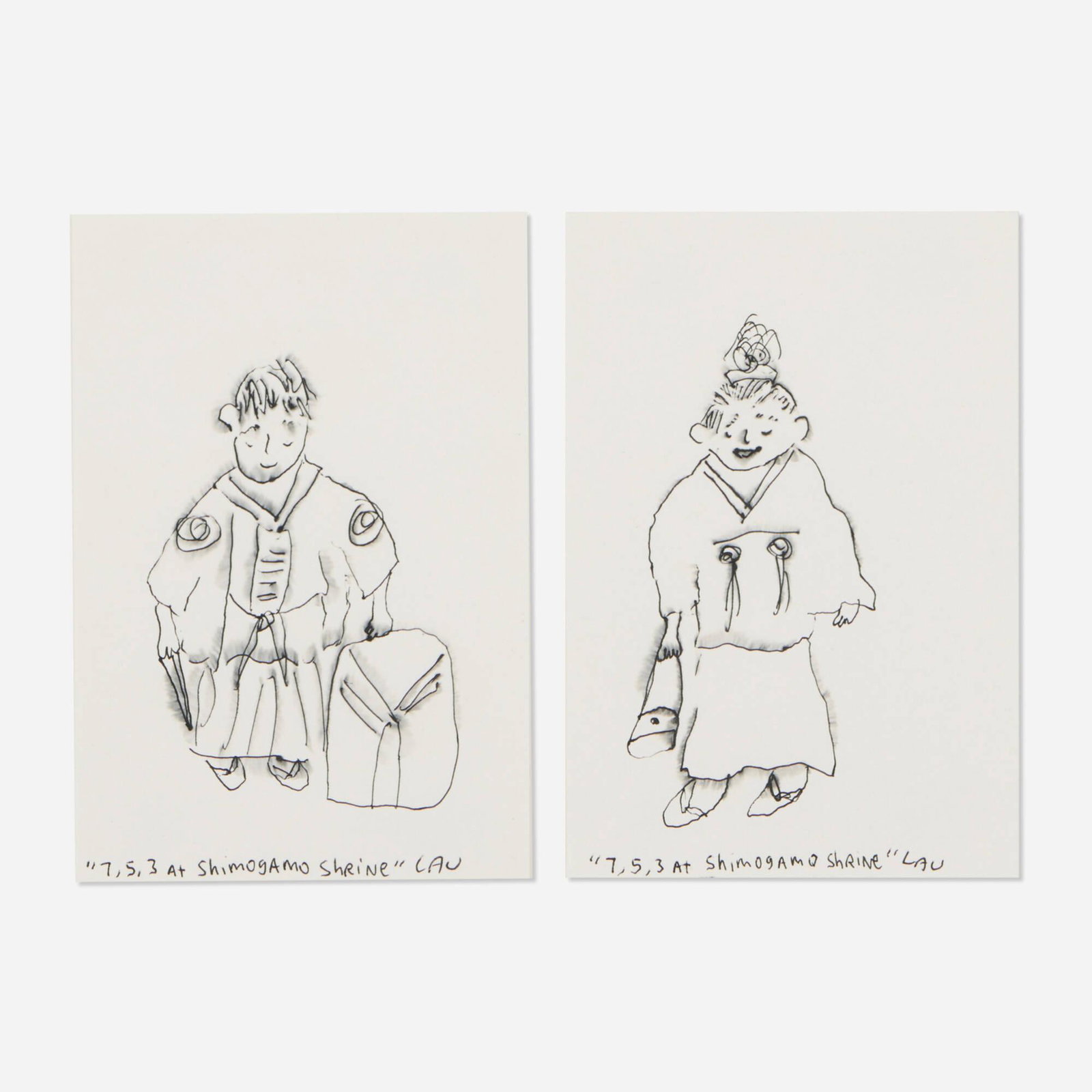 Alan Chong Lau, 7, 5, 3 at Shimogamo Shrine: Alan Chong Lau 7, 5, 3 at Shimogamo Shrine (two works) 2000 ink on paper each: 5.875 h x 4 w in (15 x 10 cm) Signed and titled to lower edge of each work '7, 5, 3 at Shimogamo Shrine Lau'. Sold