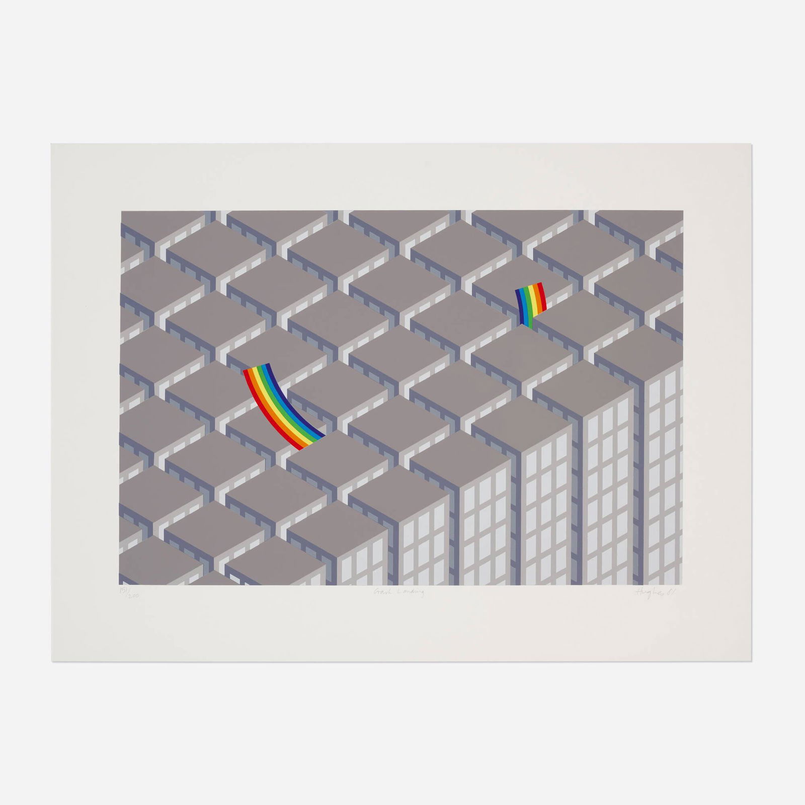 Patrick Hughes, Crash Landing: Patrick Hughes Crash Landing 1981screenprint in colors on Somerset England image: 16 h x 23.875 w in (41 x 61 cm) sheet: 22.25 h x 29.75 w in (57 x 76 cm) Signed, titled, dated and numbered