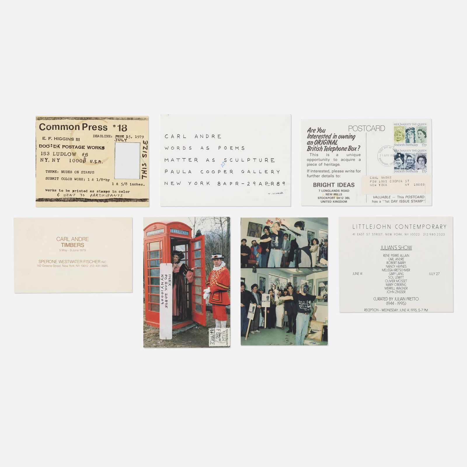 Carl Andre, Collection of postcards, seven: Carl Andre Collection of postcards, seven 1989postcards largest: 4.5 h x 6.375 w in (11 x 16 cm) smallest: 3.5 h x 5.5 w in (9 x 14 cm) Collection is comprised of seven postcards. Signed an