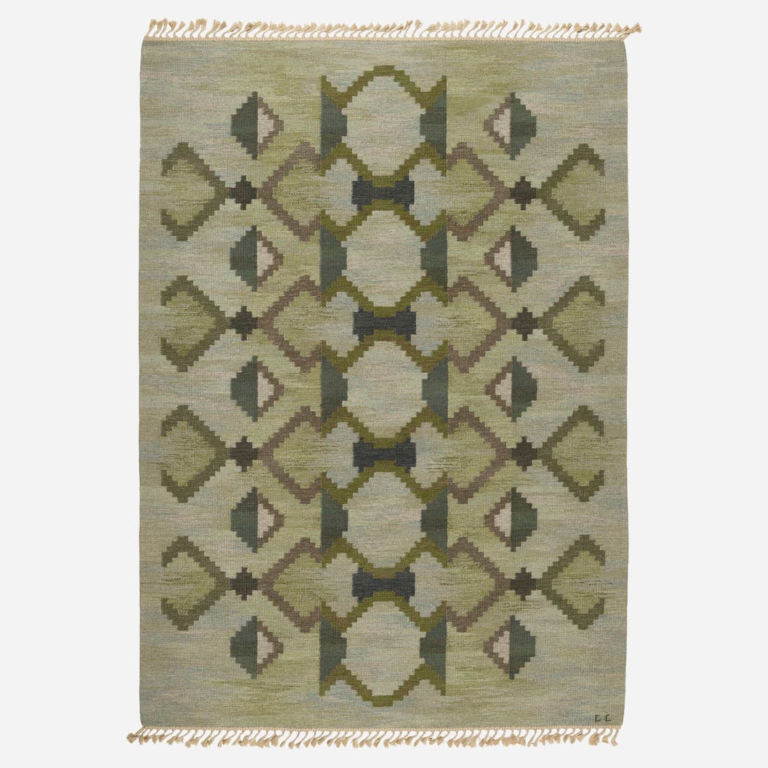 Judith Johansson, Flatweave carpet: Judith Johansson Flatweave carpet Sweden, c. 1955hand-woven wool 113 h x 76.5 w in (287 x 194 cm) Woven signature to edge 'JJ'. This work will ship from Los Angeles, Califo