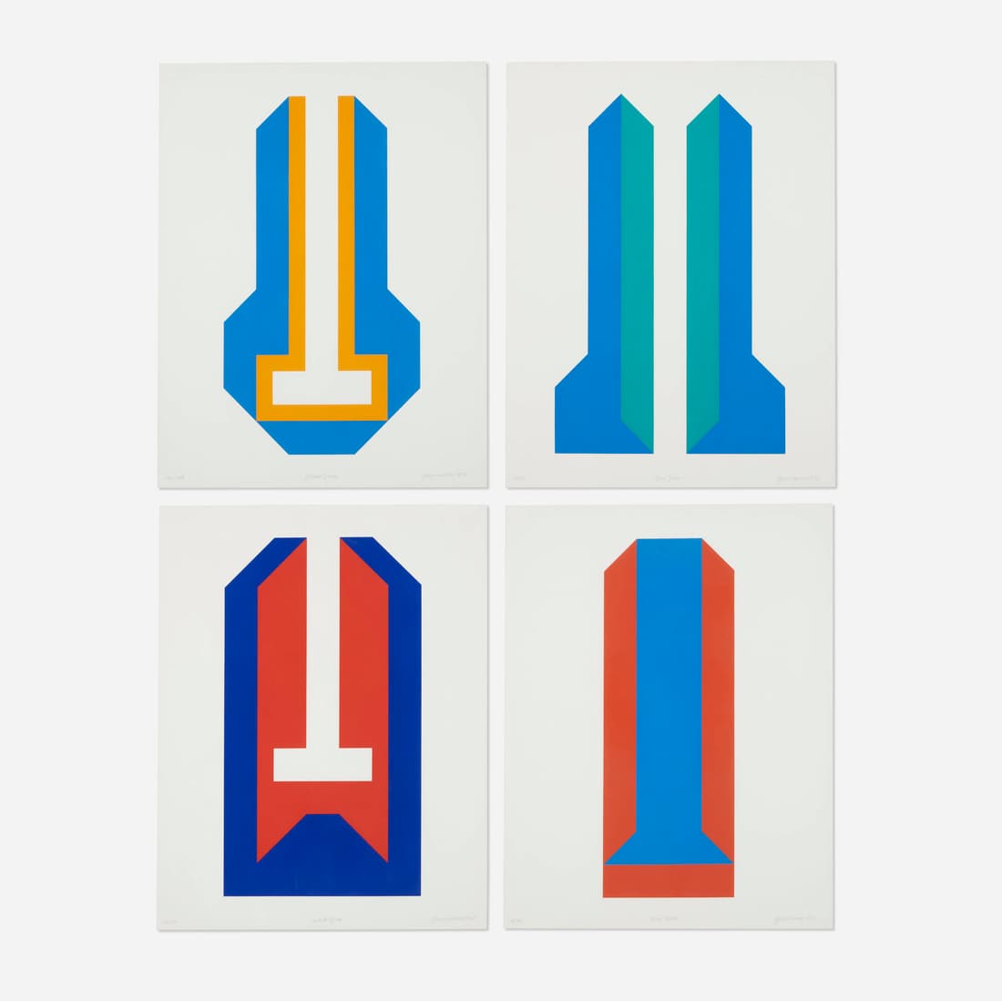 John Massey, Blue, White, Yellow and Open Space: John Massey Blue Space, White Space, Yellow Space, Open Space (four works) 1972screenprint in colors smallest: 21.875 h x 8 w in (56 x 20 cm) largest: 21.875 h x 14 w in (56 x 36 cm) Signed