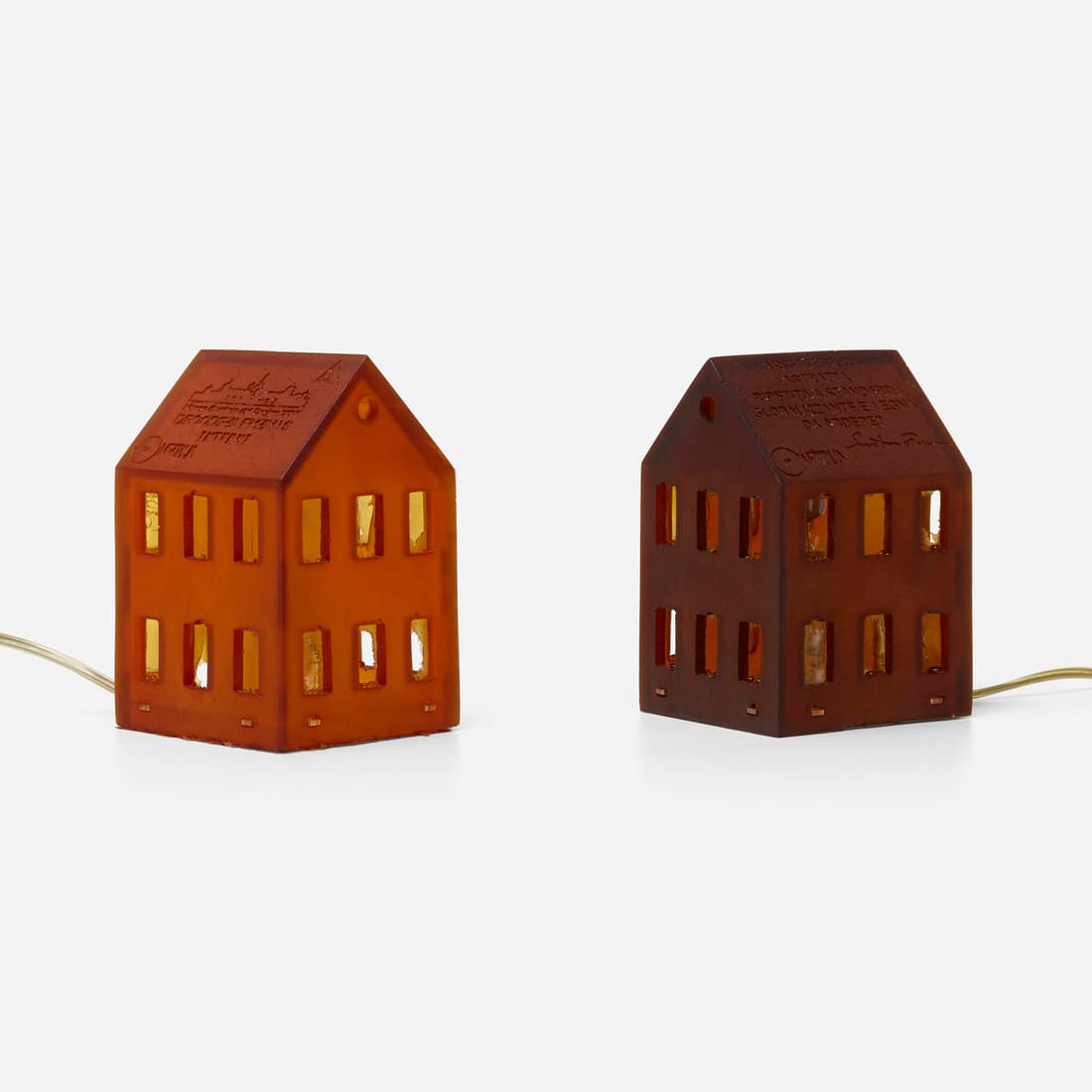 Gaetano Pesce, Lampada de fuoco, set of two: Gaetano Pesce Lampada de fuoco, set of two Meritalia Italy, 2007 resin each: 5.25 h x 3.625 w x 3.875 d in (13 x 9 x 10 cm) Molded manufacturer's mark and signature to rooftop of each exam