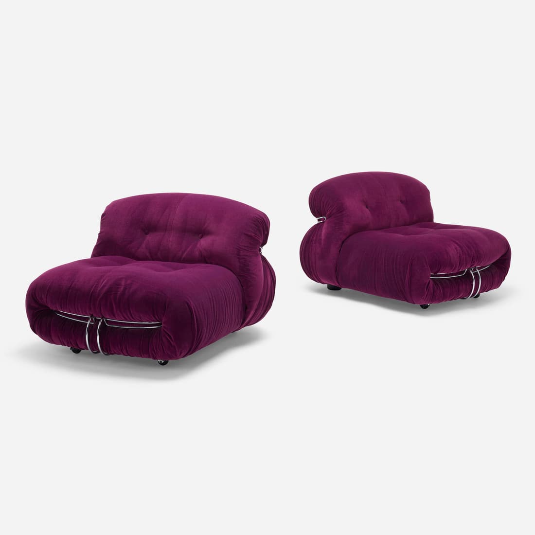 Afra and Tobia Scarpa, Soriana lounge chairs: Afra and Tobia Scarpa Soriana lounge chairs, pair CassinaItaly, 1970mohair, chrome-plated steel each: 26 h x 36 w x 40 d in (66 x 91 x 102 cm) Decal manufacturer's label to underside of