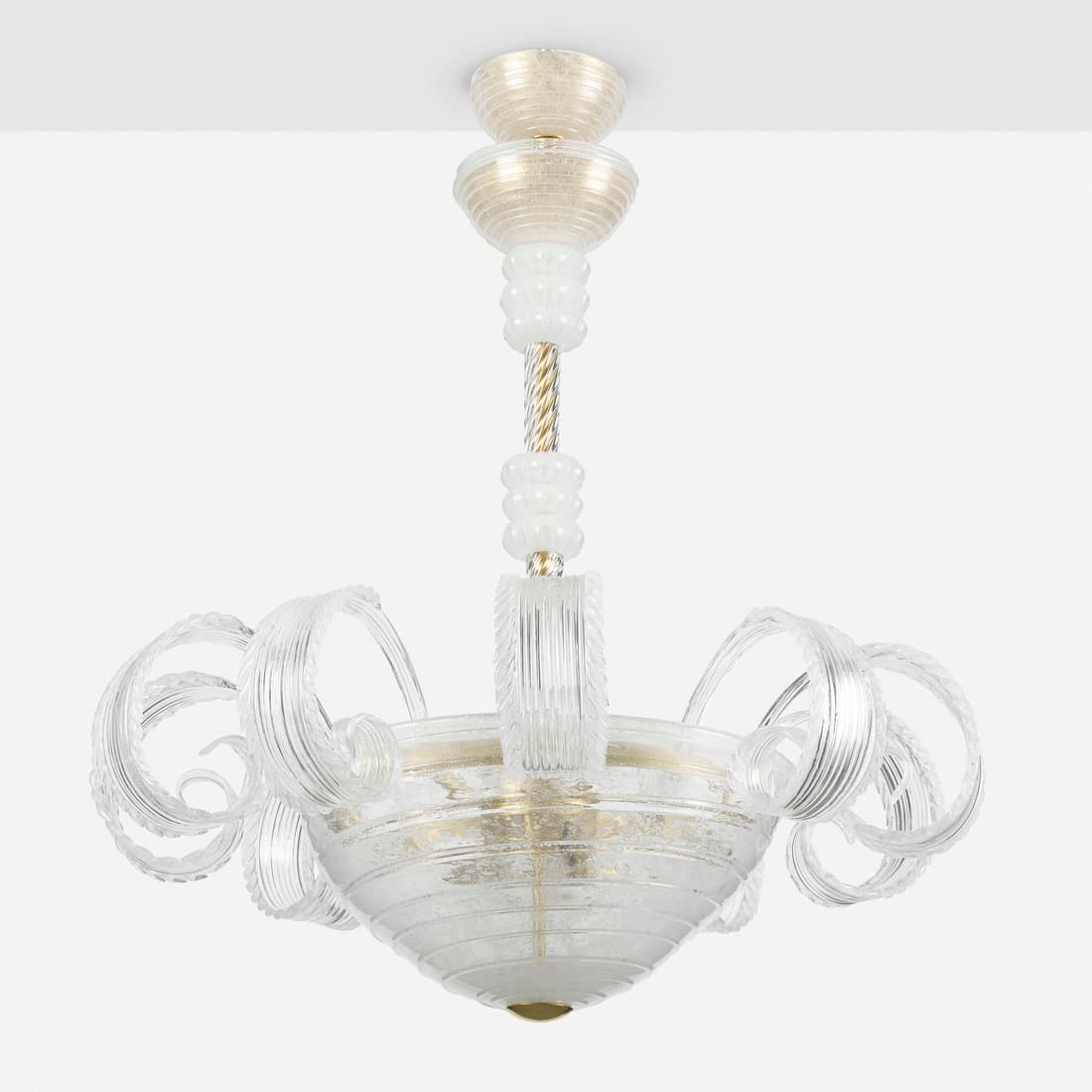 Seguso Gianni, Chandelier: Seguso Gianni Chandelier Italy, c. 1990 glass, enameled steel, brass-plated steel 38 h x 32 dia in (97 x 81 cm) Decal manufacturer's label to glass dome 'Seguso Gianni Murano Made in Italy'.