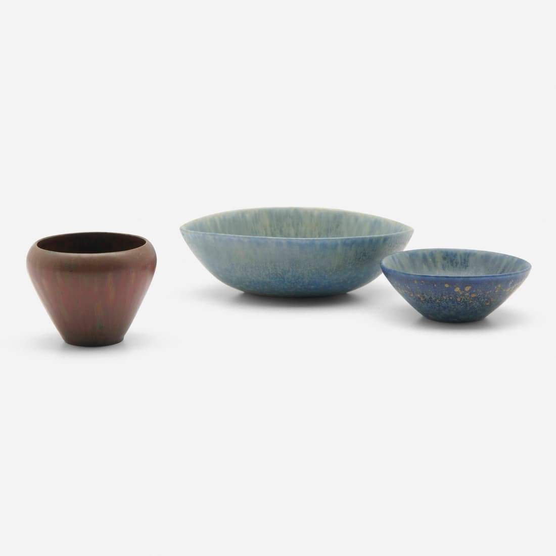 Carl-Harry Stalhane, Collection of three bowls: Carl-Harry Stalhane Collection of three bowls Sweden, c. 1950glazed stoneware 1.75 h x 5.5 w x 4.75 d in (4 x 14 x 12 cm) 2.125 h x 2.625 dia in (5 x 7 cm) 1.125 h x 3.25 dia in (3 x 8 cm) <