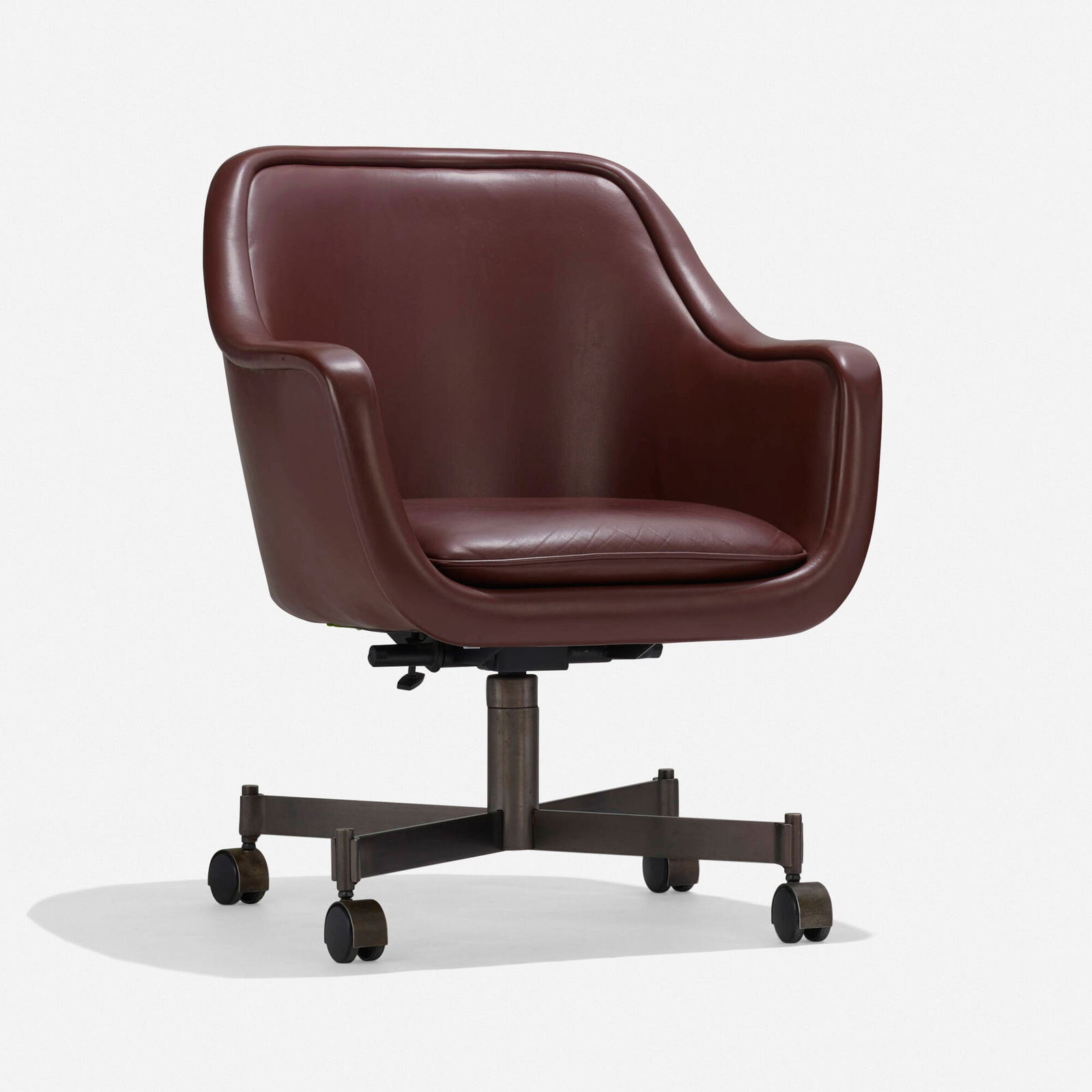 Ward Bennett, Desk chair: Ward Bennett Desk chair Brickel AssociatesUSA, c. 1970leather, patinated steel 33.5 h x 29 w x 29 d in (85 x 74 x 74 cm) Applied manufacturer's metal label to underside 'Ward Bennett Des