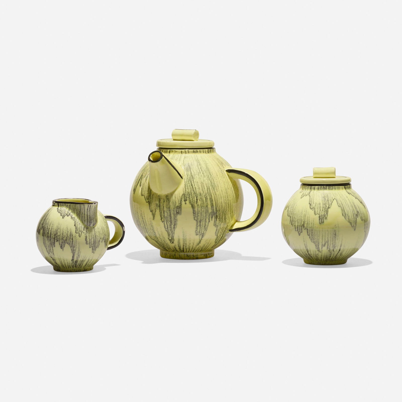 Eva Zeisel, Tea service: Eva Zeisel Tea service Schramberg Majolikafabrikc. 1930glazed porcelain teapot: 6 h x 7 w x 6 d in (15 x 18 x 15 cm) sugar: 4.25 h x 4.25 dia in (11 x 11 cm) creamer: 3.25 h x 4.5 w x 3.5