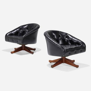 Ward Bennett, Swivel lounge chairs, pair: Ward Bennett Swivel lounge chairs, pair Lehigh LeopoldUSA, c. 1965leather, walnut, casters 27.5 h x 31 w x 32 d in (70 x 79 x 81 cm) Paper manufacturer's label to underside of one exampl