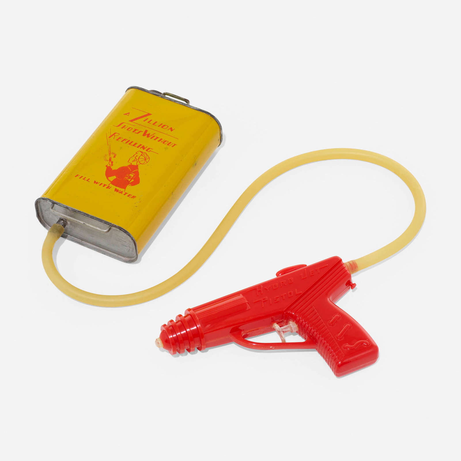 Nu-Dell Plastics, Hydro Jet pistol and watertank: Nu-Dell Plastics Hydro Jet pistol and watertank USA, c. 1950 plastic, enameled steel, rubber pistol: 4.25 h x 6.75 w x 1.5 d in (11 x 17 x 4 cm) tank: 6.5 h x 3.75 w x 1.75 d in (17 x 10 x 4 cm)