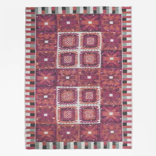 Barbro Nilsson Red Carnation carpet: Barbro Nilsson Red Carnation carpet Märta Måås-Fjetterström AB Sweden, c. 1940 hand-woven wool 120 w x 180 l inches Woven signature to edge: [AB MMF BN].