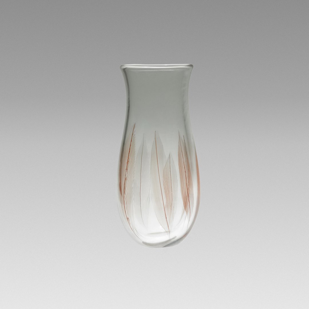 Archimede Seguso A Piume vase: Archimede Seguso A Piume vase Archimede Seguso and Company Italy, c. 1956 5 w x 3.5 d x 10.25 h inches Signed with foil manufacturer's label to side: [Archimede Seguso Murano Made in Italy]. Literatur