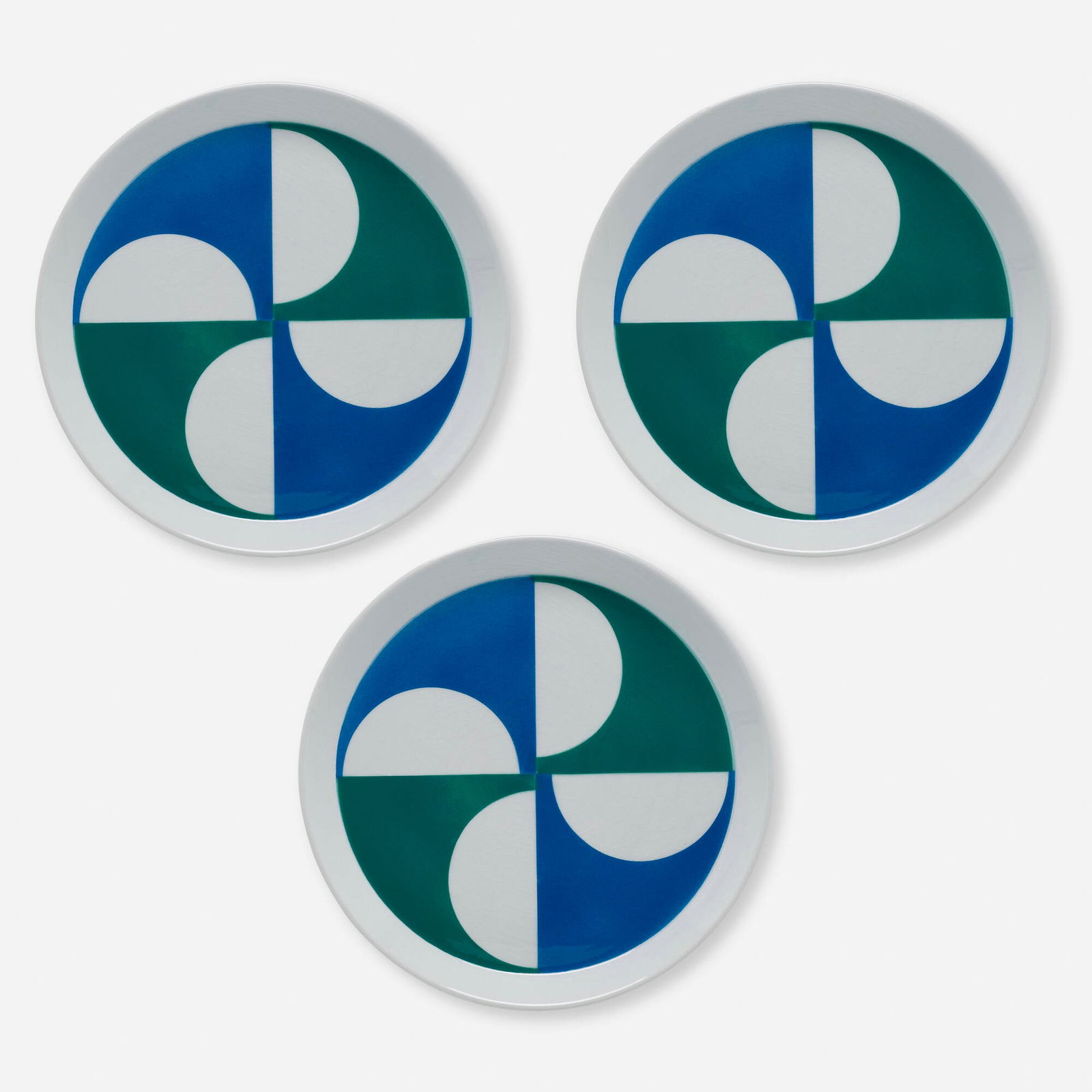 Gio Ponti, Fantasia Italiana dinner plates: Gio Ponti Fantasia Italiana dinner plates, set of three Franco PozziItaly, 1967glazed porcelain 1 h x 10.25 dia in (3 x 26 cm) Printed manufacturer's mark and signature to underside of e