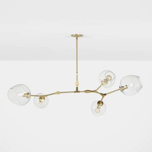 Lindsey Adelman, Chandelier: Lindsey Adelman 5-globe Branching Bubble chandelier USA, 2016 brushed brass-plated steel, glass 35 h x 54 w x 36 d in (89 x 137 x 91 cm) Decal manufacturer's label to ceiling cap 'Lindsey Adelman