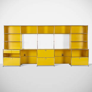 Haller and Scharer, Shelving unit: Fritz Haller and Paul Scharer USM Haller Furniture System shelving unit USM Modular FurnitureSwitzerland, 1963enameled steel, chrome-plated steel, reverse painted glass 71 h x 148.75 w x 20.75