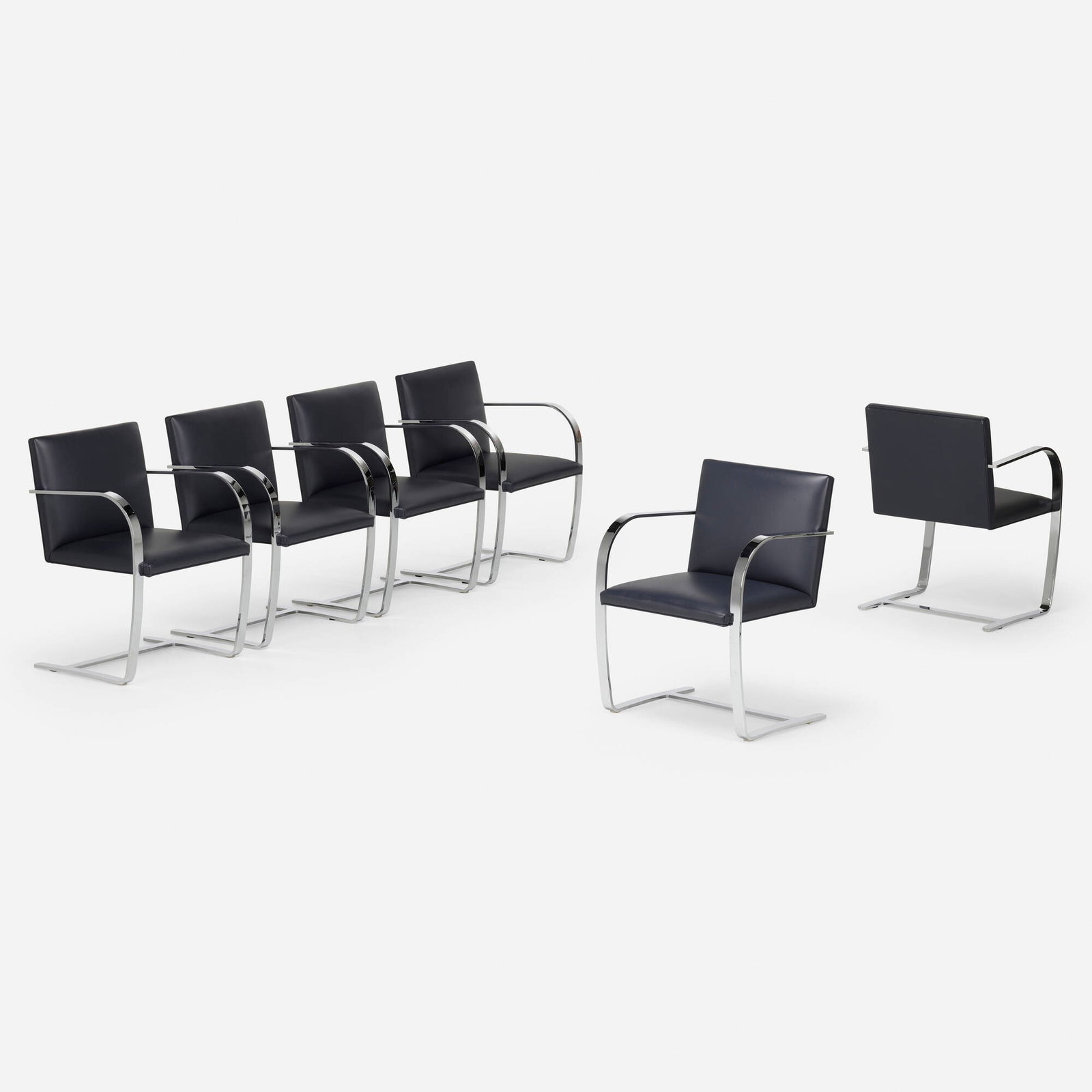 Ludwig Mies van der Rohe, Brno chairs, set of six: Ludwig Mies van der Rohe Brno chairs, set of six KnollStudio Germany / USA, 1929 / c. 2010 chrome-plated steel, leather 32 h x 23.25 w x 21 d in (81 x 59 x 53 cm) Manufacturer's mark to de