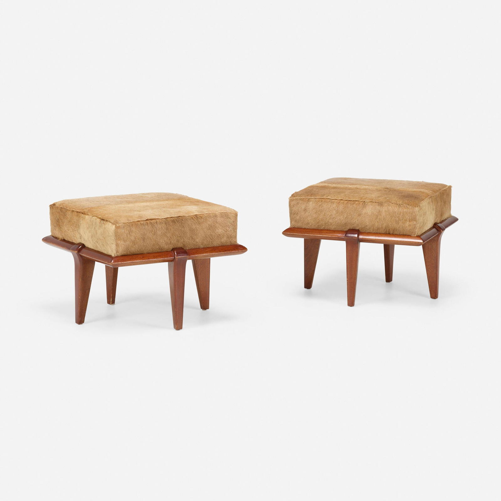 Paul Laszlo, Stools, pair: Paul Laszlo Stools, pair Hungary/USA, c. 1950mahogany, cowhide 18 h x 24 w x 24 d in (46 x 61 x 61 cm) This work will ship from Lambertville, New Jersey.