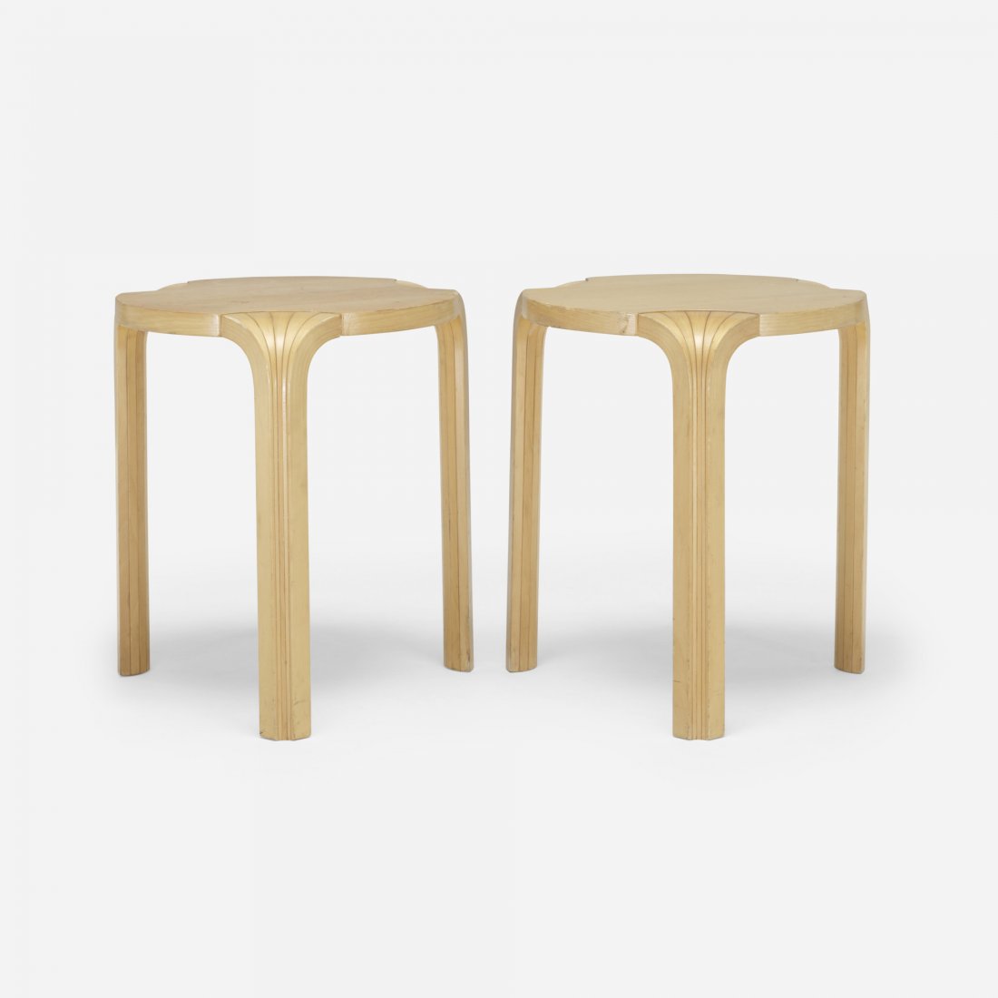 Alvar Aalto Fan-leg stools, pair: Alvar Aalto Fan-leg stools, pair ICF Finland, 1954/c. 1980 ash, birch 16.5 w x 16.5 d x 17.75 h inches Signed with decal manufacturer's label to underside of each example: [ICF].
