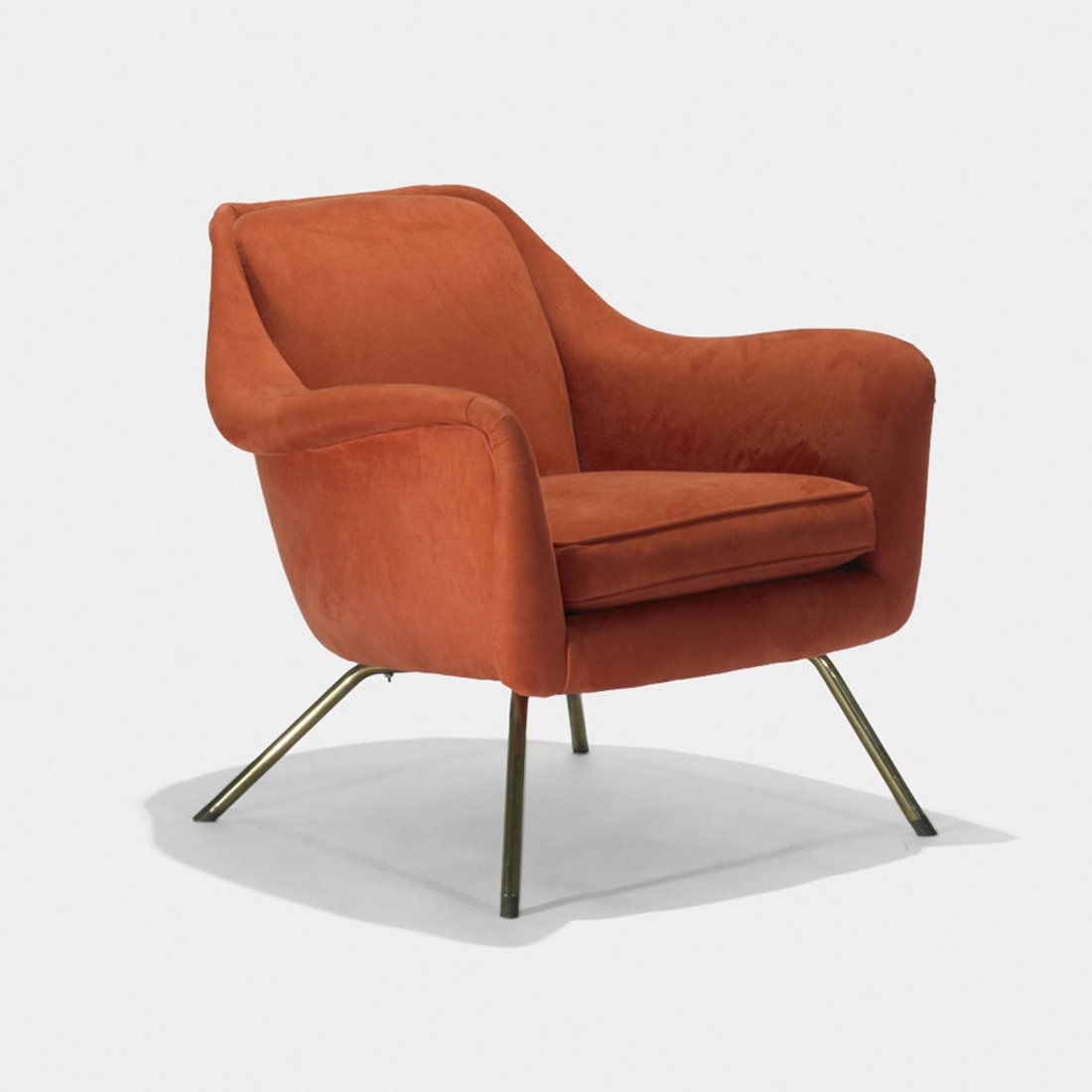 Altamira lounge chair: Altamira lounge chair Italy, c. 1955 upholstery, brass, lacquered wood 27 w x 30 d x 27.5 h inches Signed with applied manufacturer's label to underside: [Made in Italy Exclusively for Altamira].