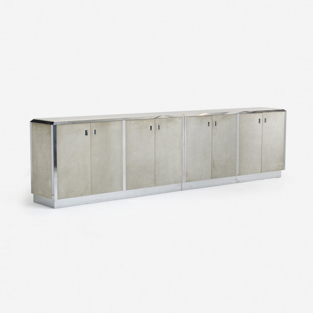 American cabinet: American cabinet c. 1975 travertine, laminate over plywood, aluminum, ultrasuede 140 w x 19.25 d x 36.5 h inches Composed of two joined cabinets each featuring four doors concealing four drawers.