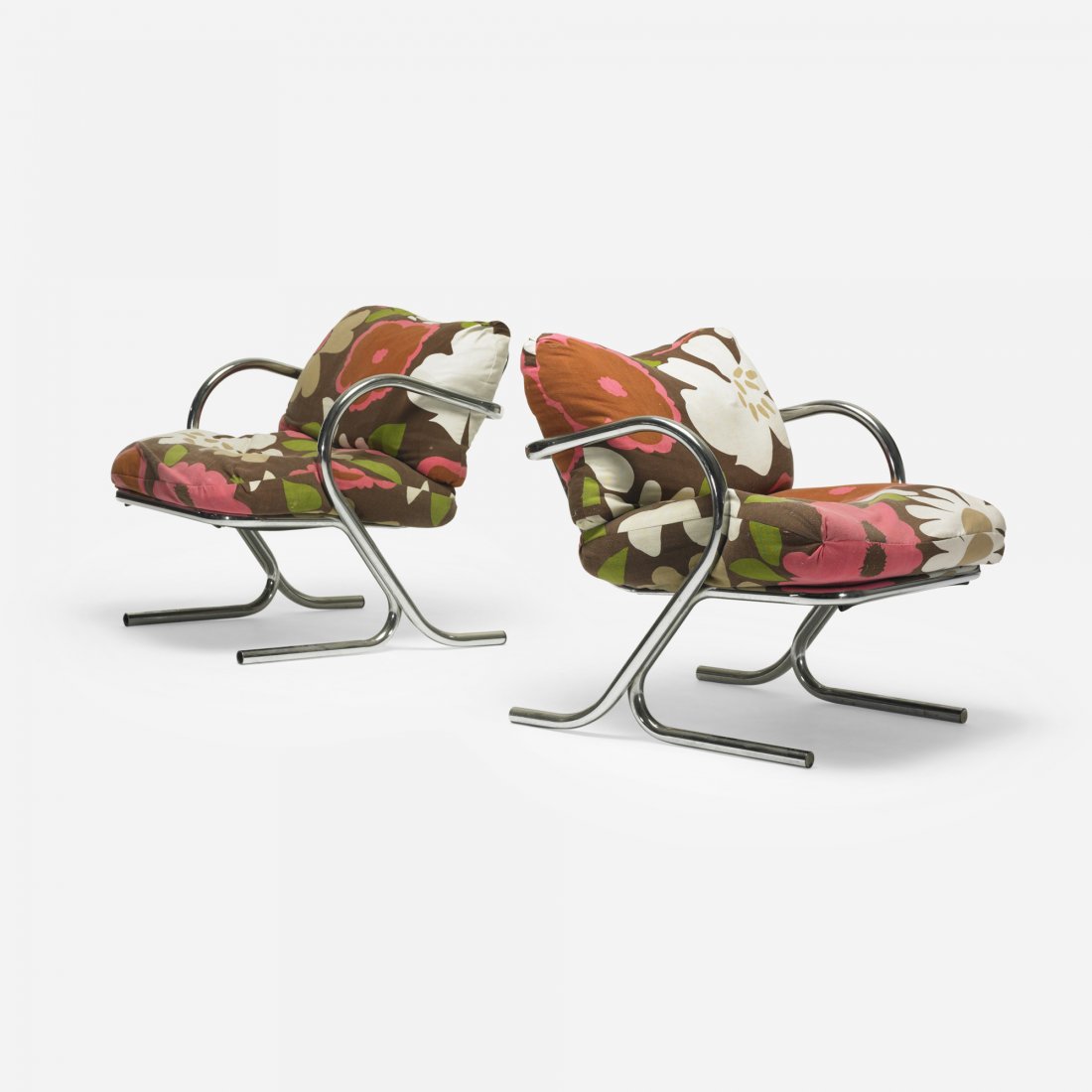 American lounge chairs, pair: American lounge chairs, pair c. 1970 chrome-plated steel, Marimekko upholstery 27 w x 30 d x 30 h inches