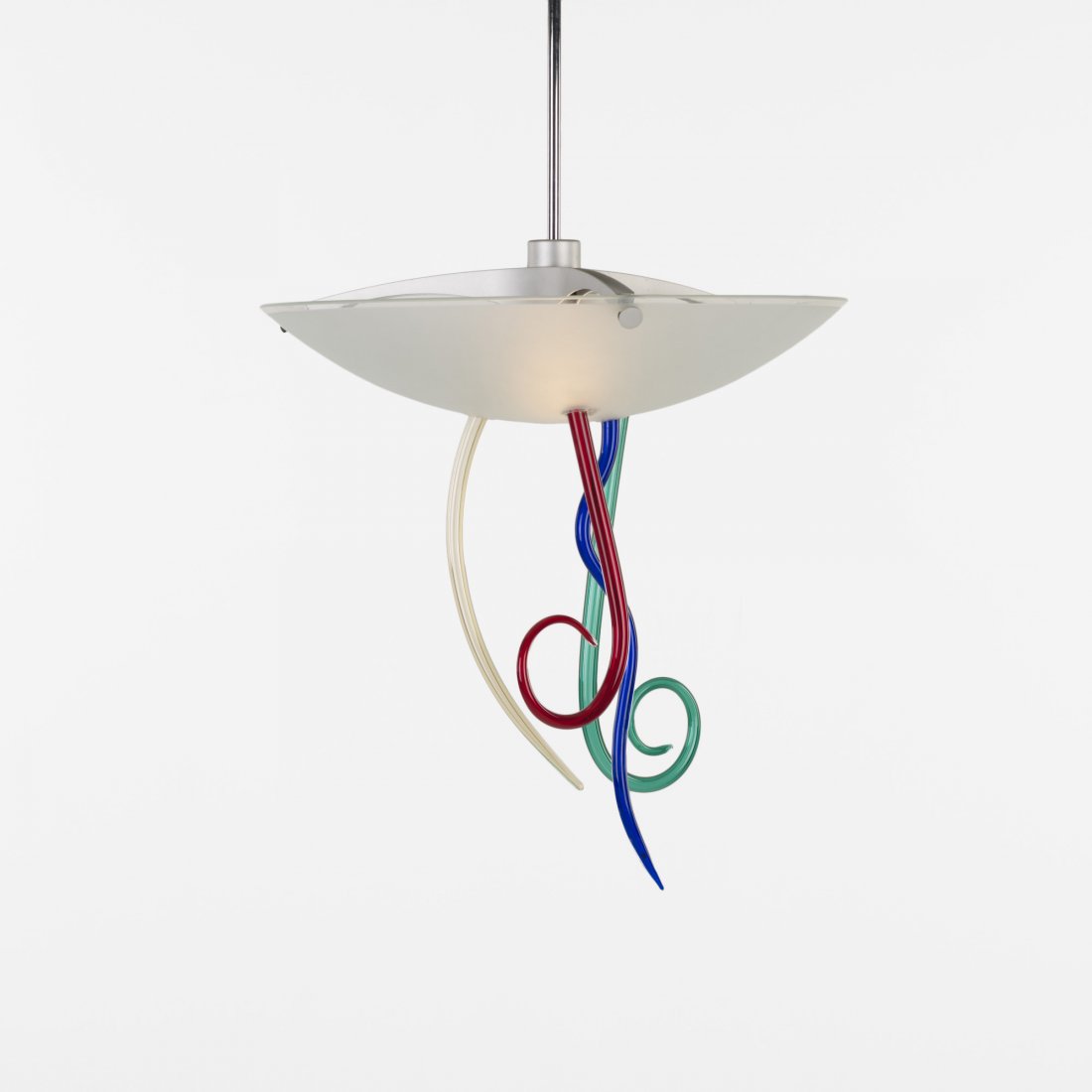 Andrea Anastasio Efesto chandelier: Andrea Anastasio Efesto chandelier VeArt Italy, c. 1990 frosted glass, enameled and chrome-plated steel, glass, plastic 20 dia x 32 h inches Signed with decal manufacturer's label to fixture: [Milano