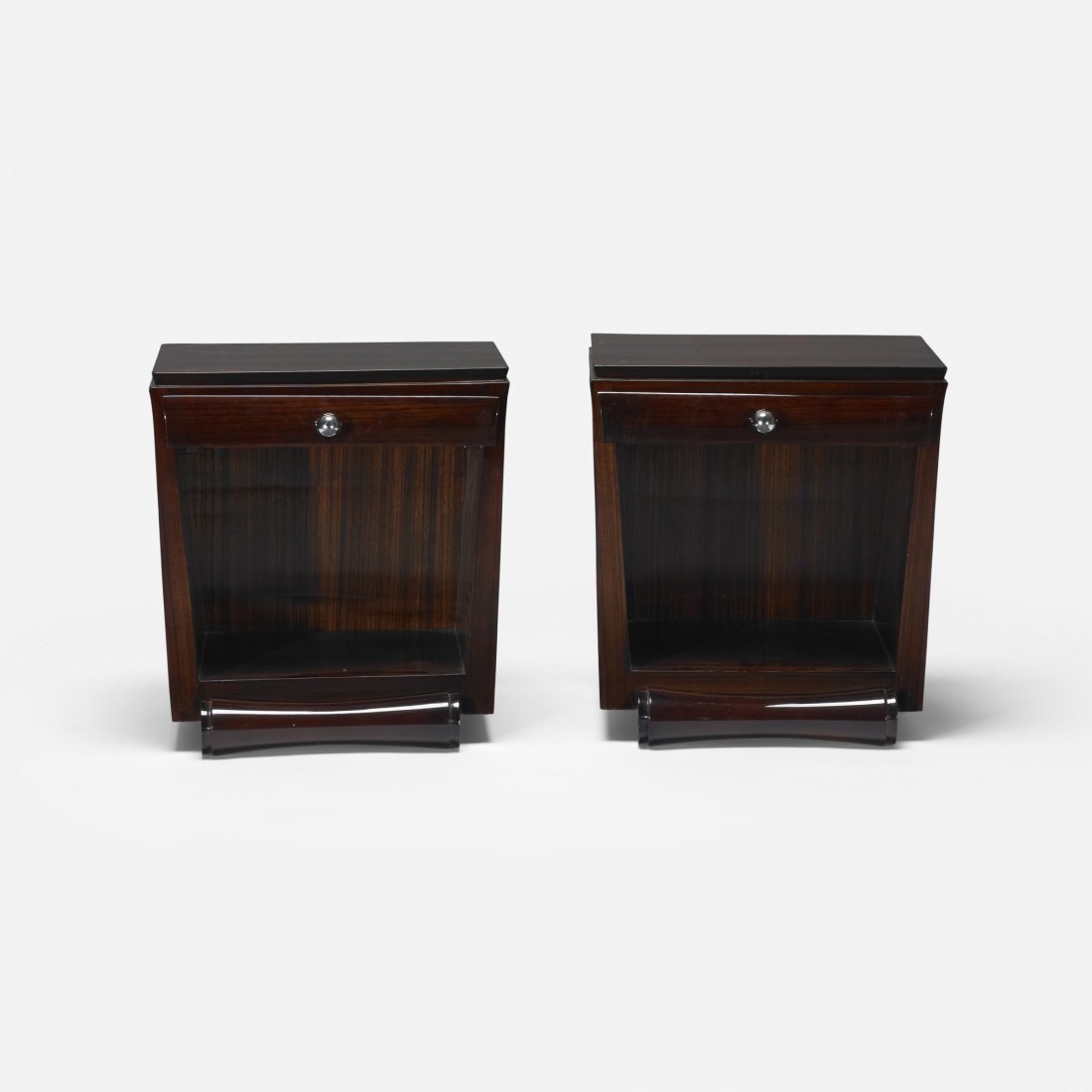 Art Deco nightstands, pair: Art Deco nightstands, pair USA, c. 1930 zebra wood, oak, stainless steel 18.5 w x 14 d x 20 h inches Each nightstand features a single drawer.