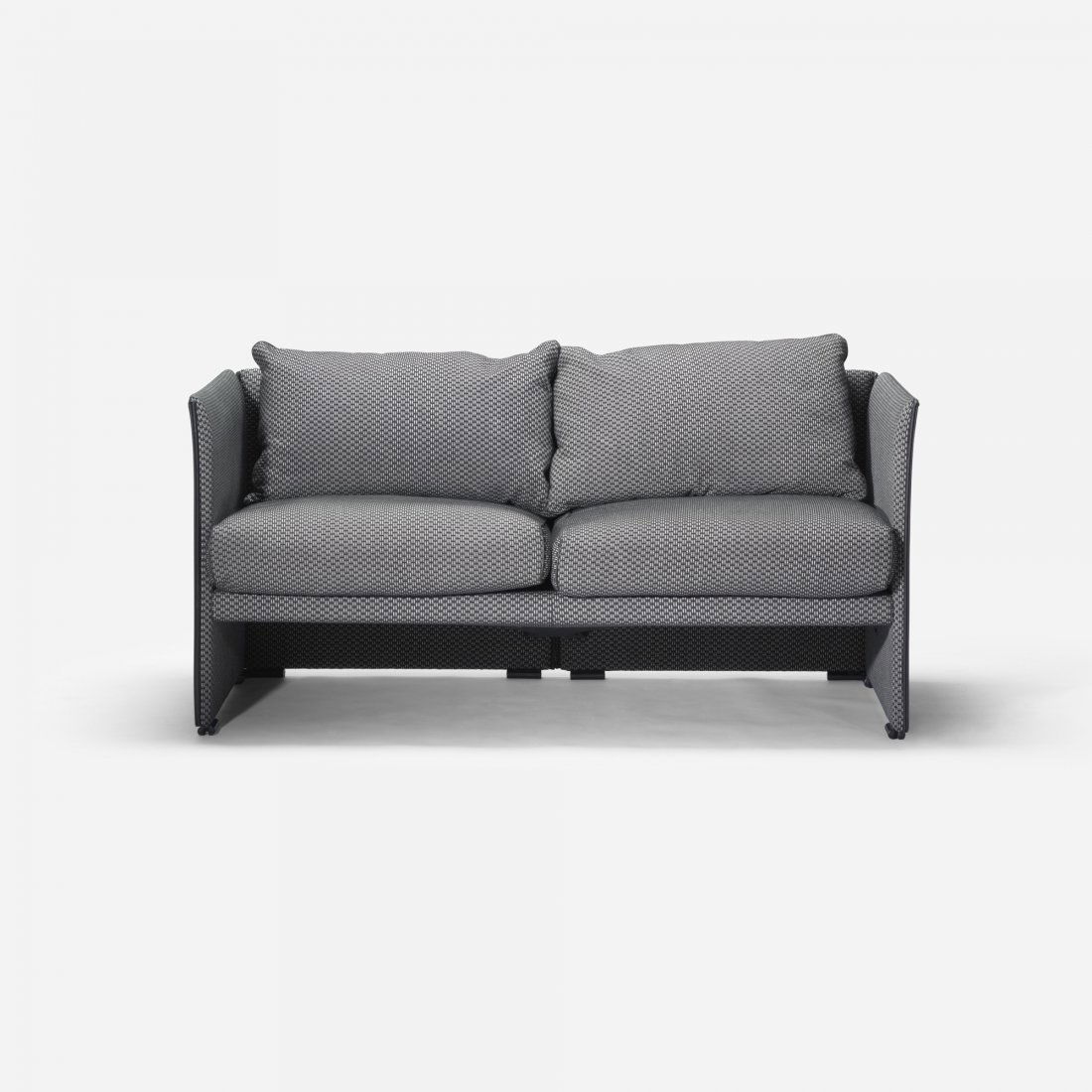 Mario Bellini Break settee: Mario Bellini Break settee Cassina Italy, 1976 upholstery, leather, plastic 56 w x 27 d x 30 h inches Signed with manufacturer's labels to cushions: [Cassina Made in Italy]. Literature: Mario Bellini:
