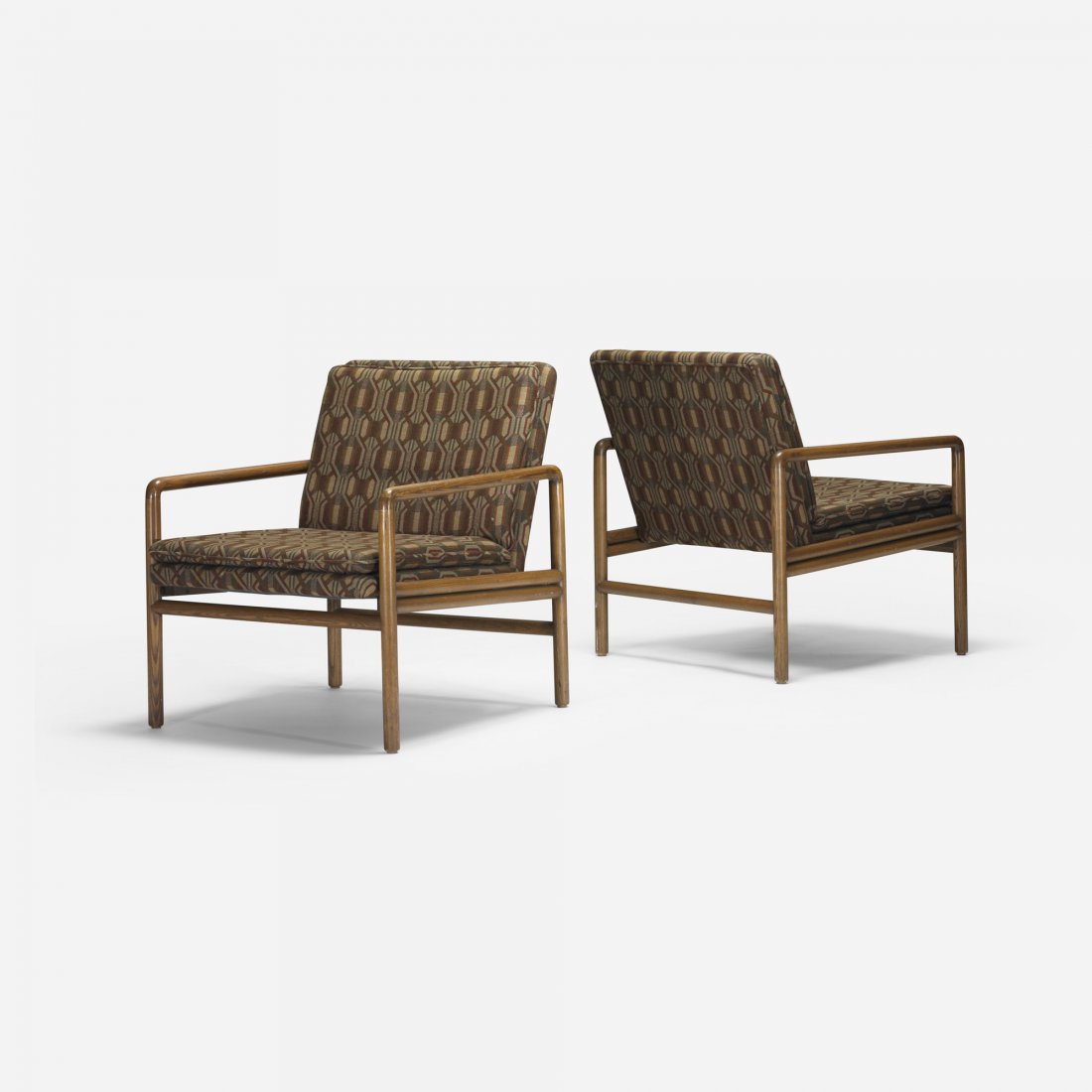 Ward Bennett lounge chairs, pair: Ward Bennett lounge chairs, pair Brickel Associates USA, 1982 upholstery, stained oak 25.5 w x 28 d x 29.5 h inches Signed with paper manufacturer's label to underside of each example: [Brickel Associ