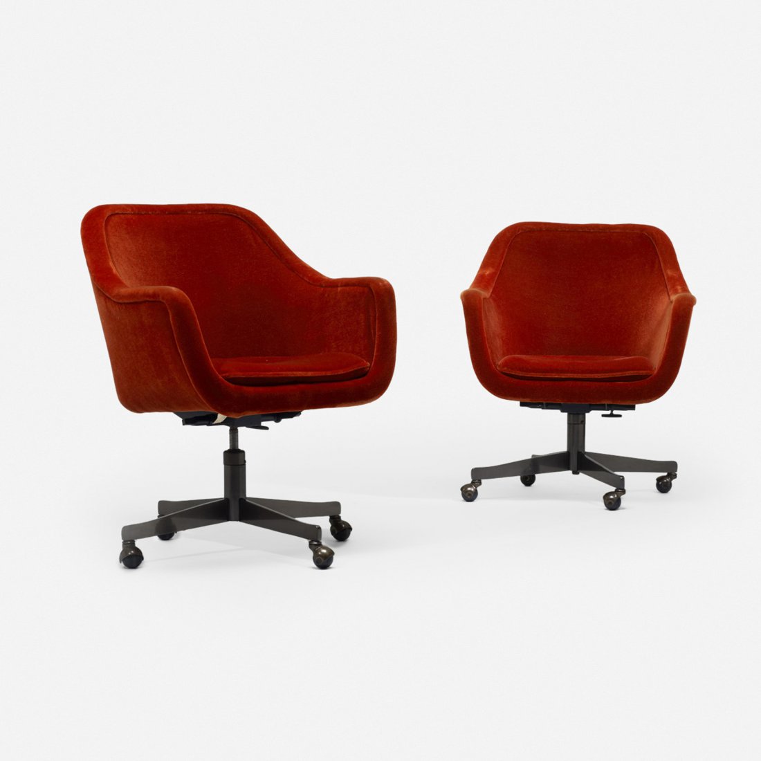 Ward Bennett office chairs, pair: Ward Bennett office chairs, pair Brickel Associates USA, c. 1965 velvet, nickel-plated steel, rubber 27.5 w x 28 d x 33.5 h inches